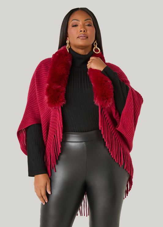 Fringed And Faux Fur Trimmed Ruana