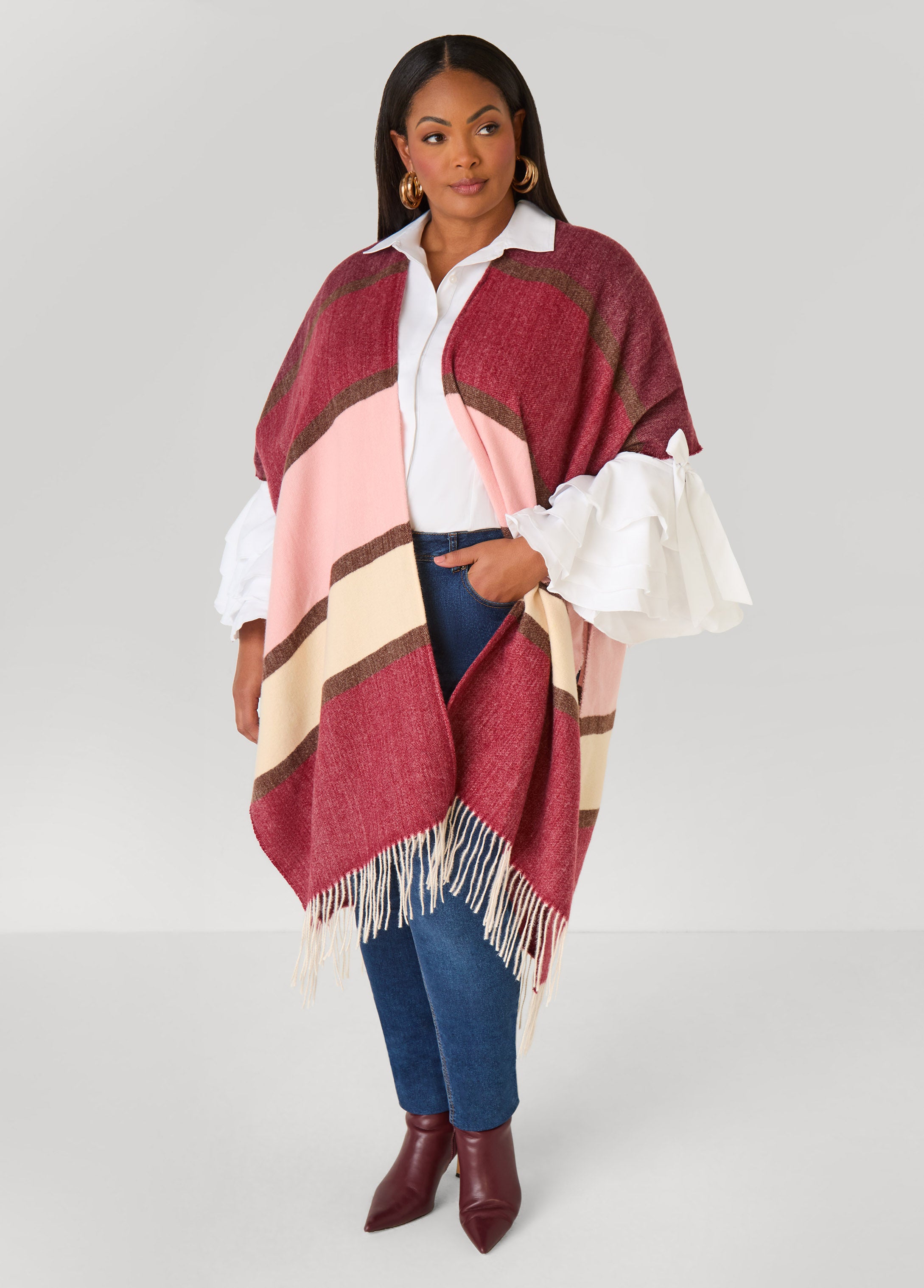 Plus Size Colorblock Brushed Knit Kimono