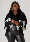 Faux Fur Trimmed Striped Poncho