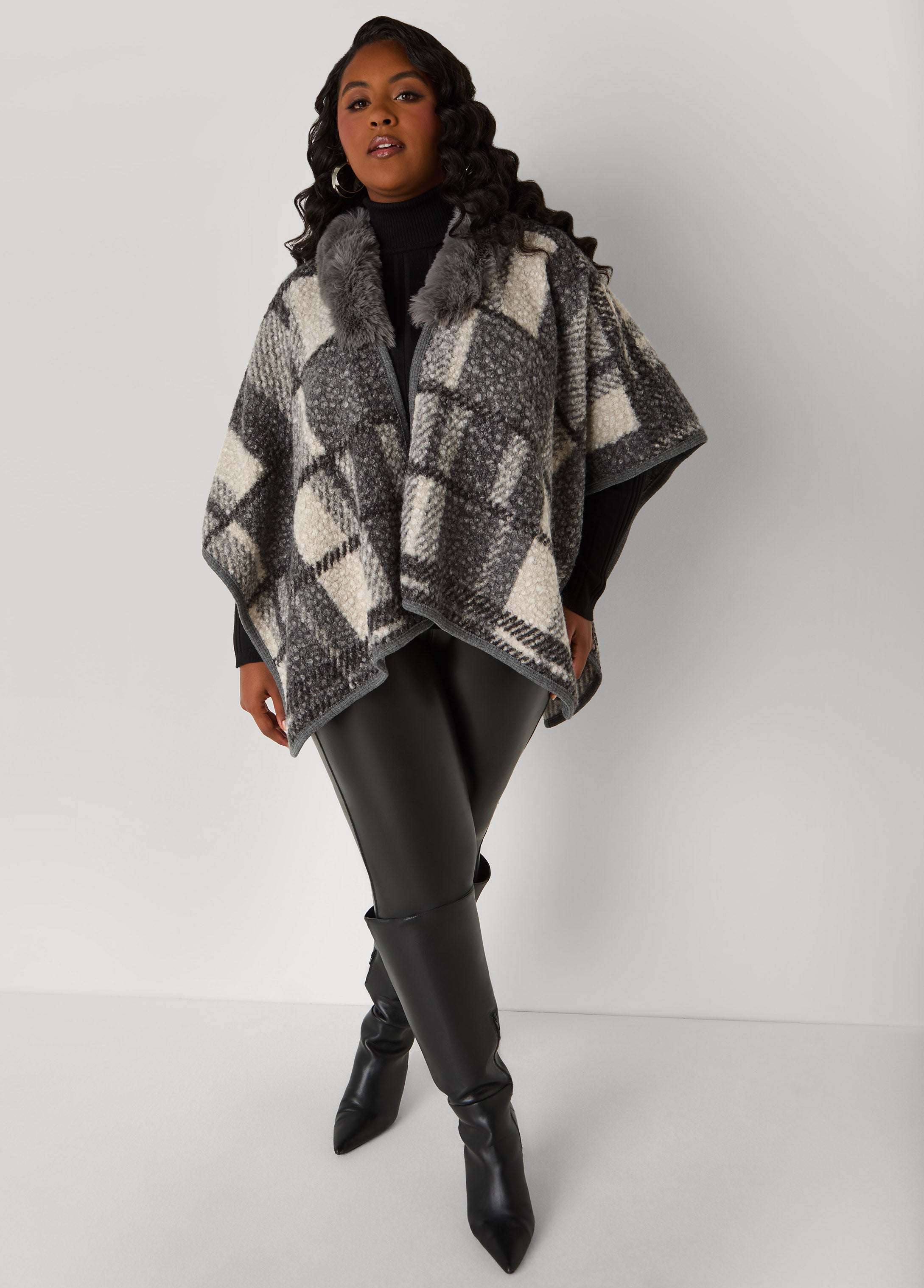 Plus Size Faux Fur And Plaid Boucle Poncho