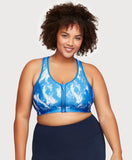 Front-Closure Zip Up Sports Bra Blue Tie-Dye