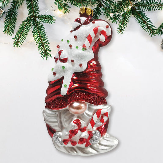 Candy Cane Gnome Glass Ornament