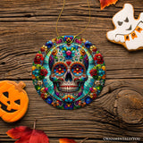 Day of the Dead Stained Glass Skull Ceramic Ornament