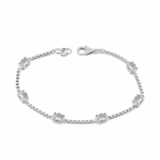 Birthstone Bracelet in Sterling Silver, Oval Cut 5*7mm, 7 Inches with an Extender, 12 Gemstone Options, Gift Box Included - April, White Zircon