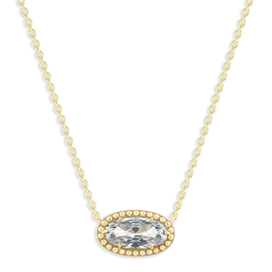 Oval Gemstone Necklace in 14K Gold Plated Sterling Silver, Oval Pendant Size 6 * 12mm, 15" Cable Chain with 2" Extender, Gift Box Included - Apr, White Zircon