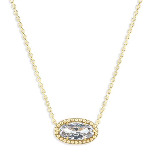Oval Gemstone Necklace in 14K Gold Plated Sterling Silver, Oval Pendant Size 6 * 12mm, 15" Cable Chain with 2" Extender, Gift Box Included - Apr, White Zircon