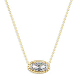 Oval Gemstone Necklace in 14K Gold Plated Sterling Silver, Oval Pendant Size 6 * 12mm, 15" Cable Chain with 2" Extender, Gift Box Included - Apr, White Zircon