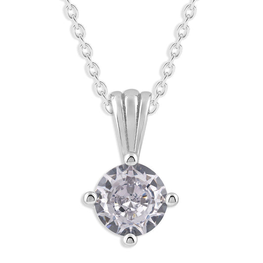 Gemstone Necklace in Sterling Silver, Round Pendant Size 6.5 * 6.5mm, 15" Cable Chain with 2" Extender, Gift Box Included - Apr, White Zircon