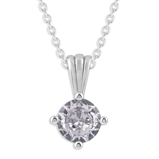 Gemstone Necklace in Sterling Silver, Round Pendant Size 6.5 * 6.5mm, 15" Cable Chain with 2" Extender, Gift Box Included - Apr, White Zircon