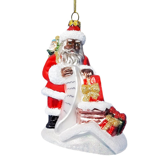 Santa and His List Glass Christmas Ornament