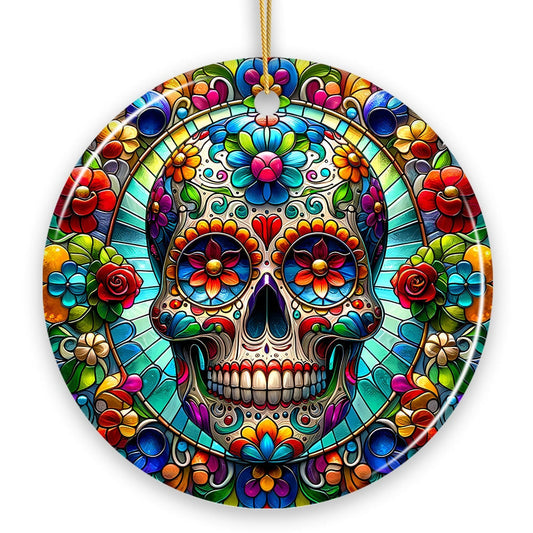 Day of the Dead Stained Glass Skull Ceramic Ornament