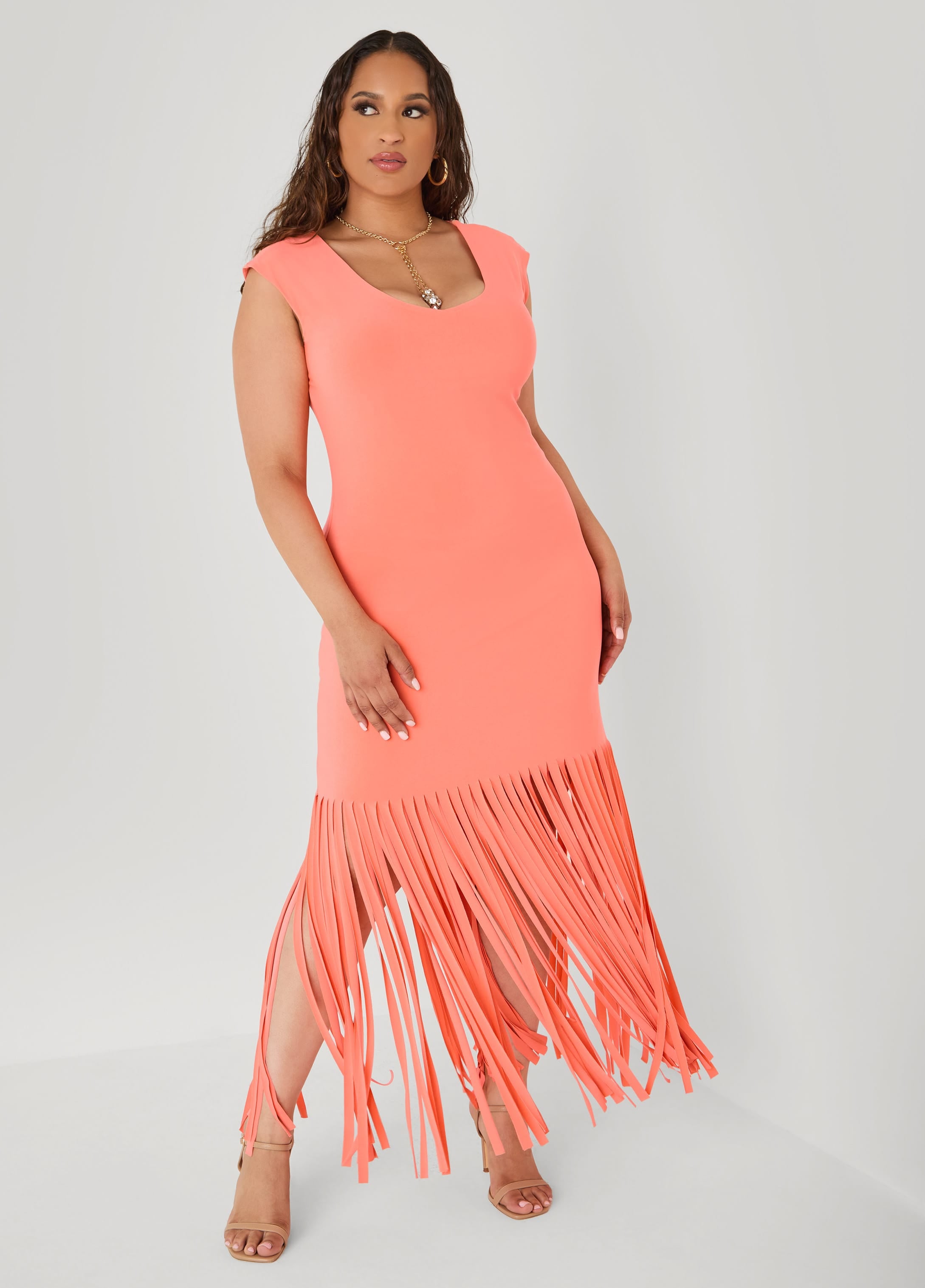 Plus Size Fringed Maxi Dress, LIVING CORAL, 30/32