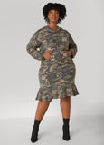Plus Size Flounced Camo Print Hoodie Dress