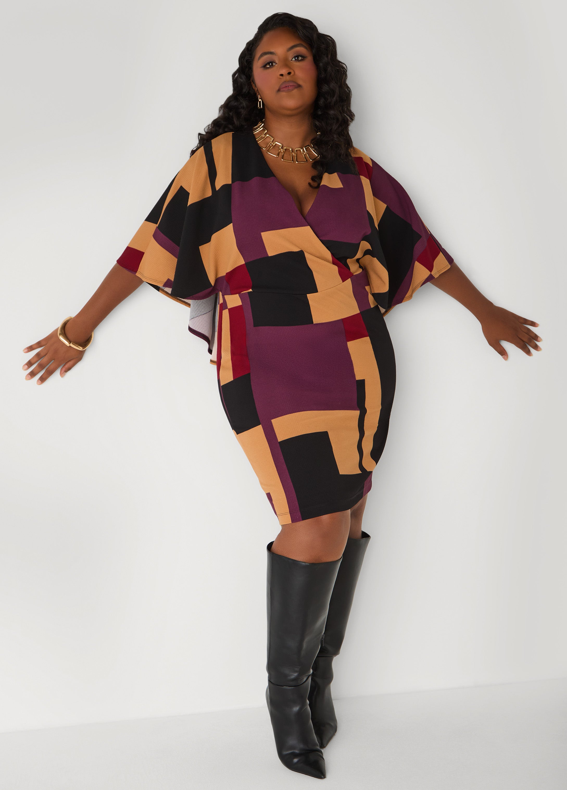 Plus Size Colorblock Cape Effect Dress