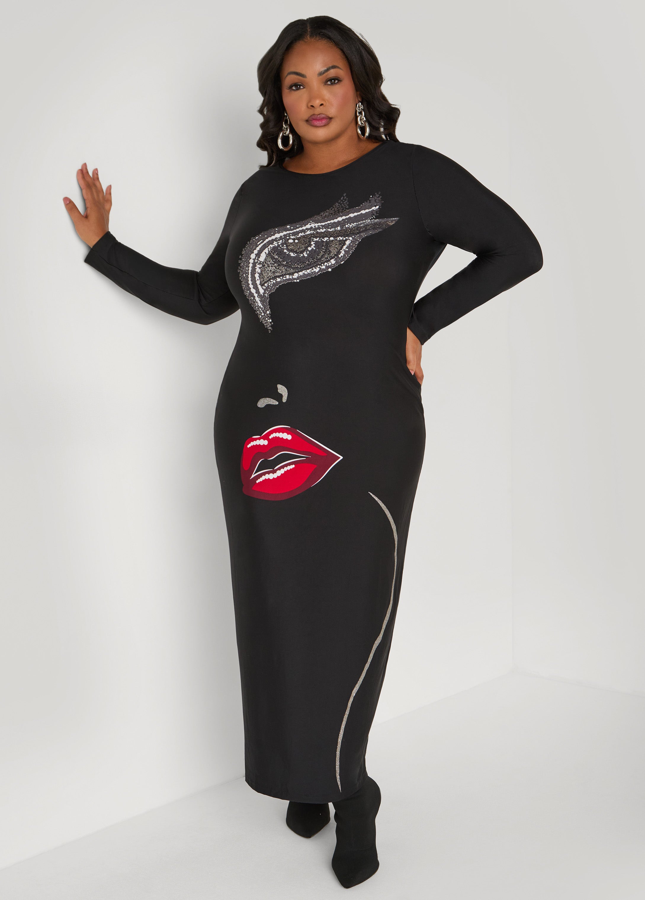 Plus Size Glittered Face Graphic Maxi Dress