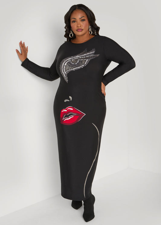 Plus Size Glittered Face Graphic Maxi Dress