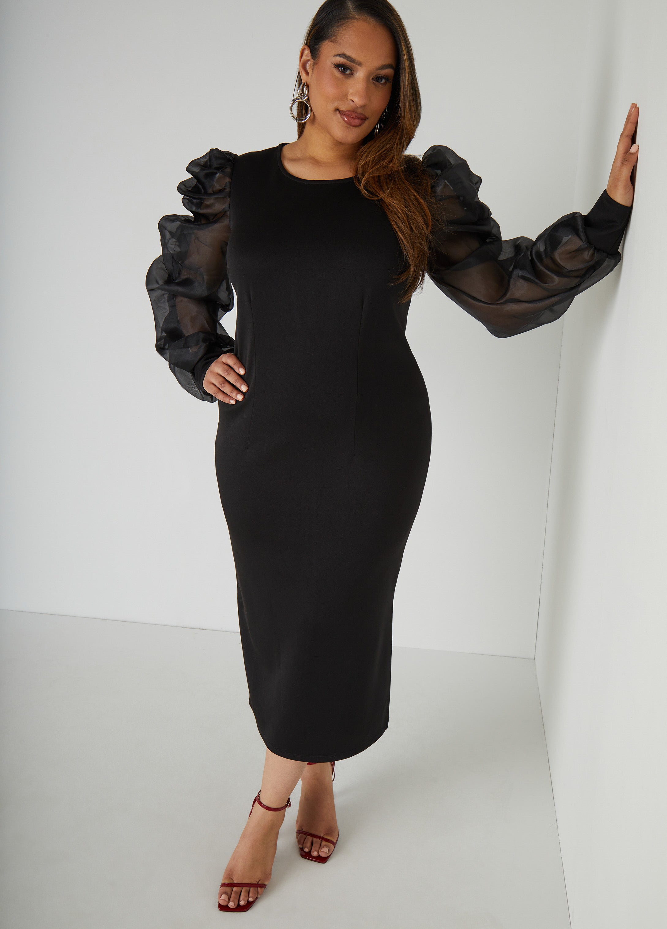Plus Size Puff Organza Sleeved Bodycon Dress