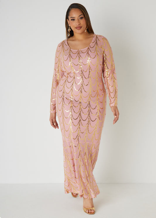 Stretch-mesh gown with sequin embellishments and mermaid hemline. Partially lined in stretch-knit. Concealed zip fastening along back.