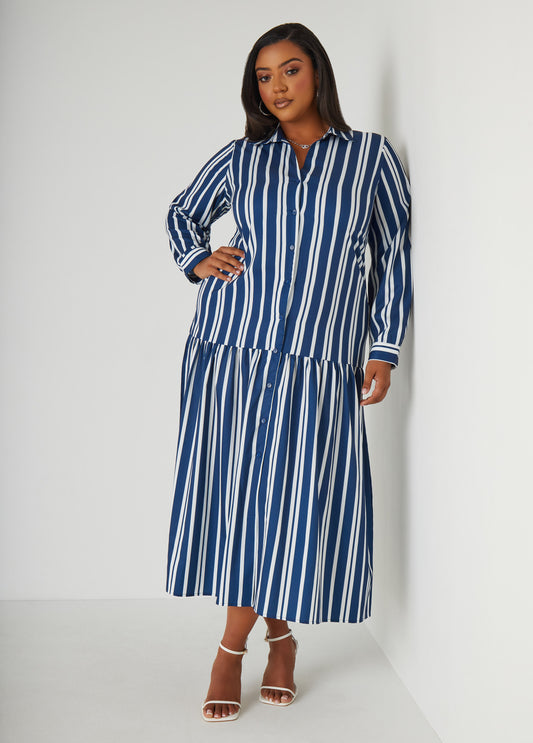 Plus Size Striped Drop Waist Shirtdress