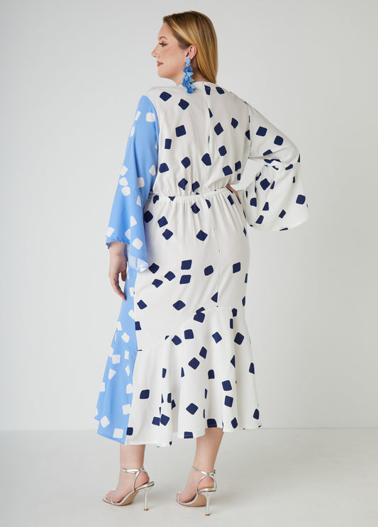 Printed Two Tone Faux Wrap Dress