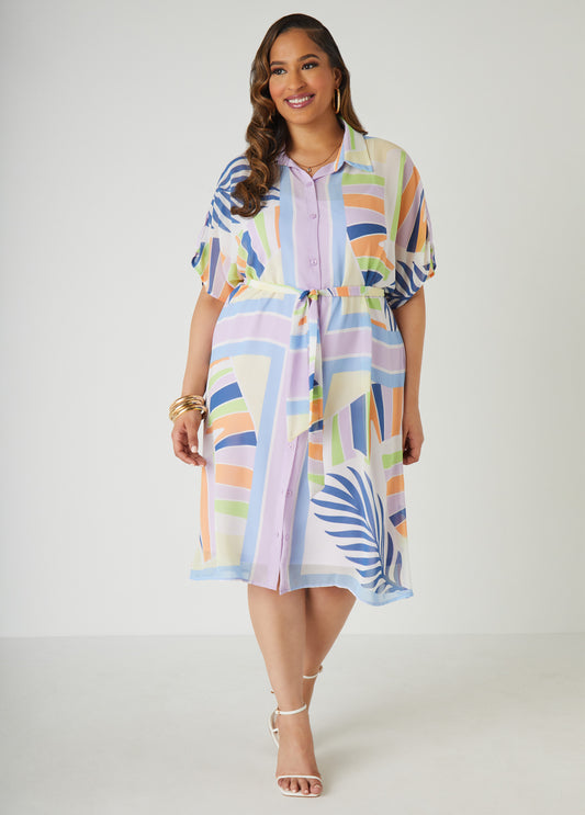 Plus Size Belted Printed Shirtdress