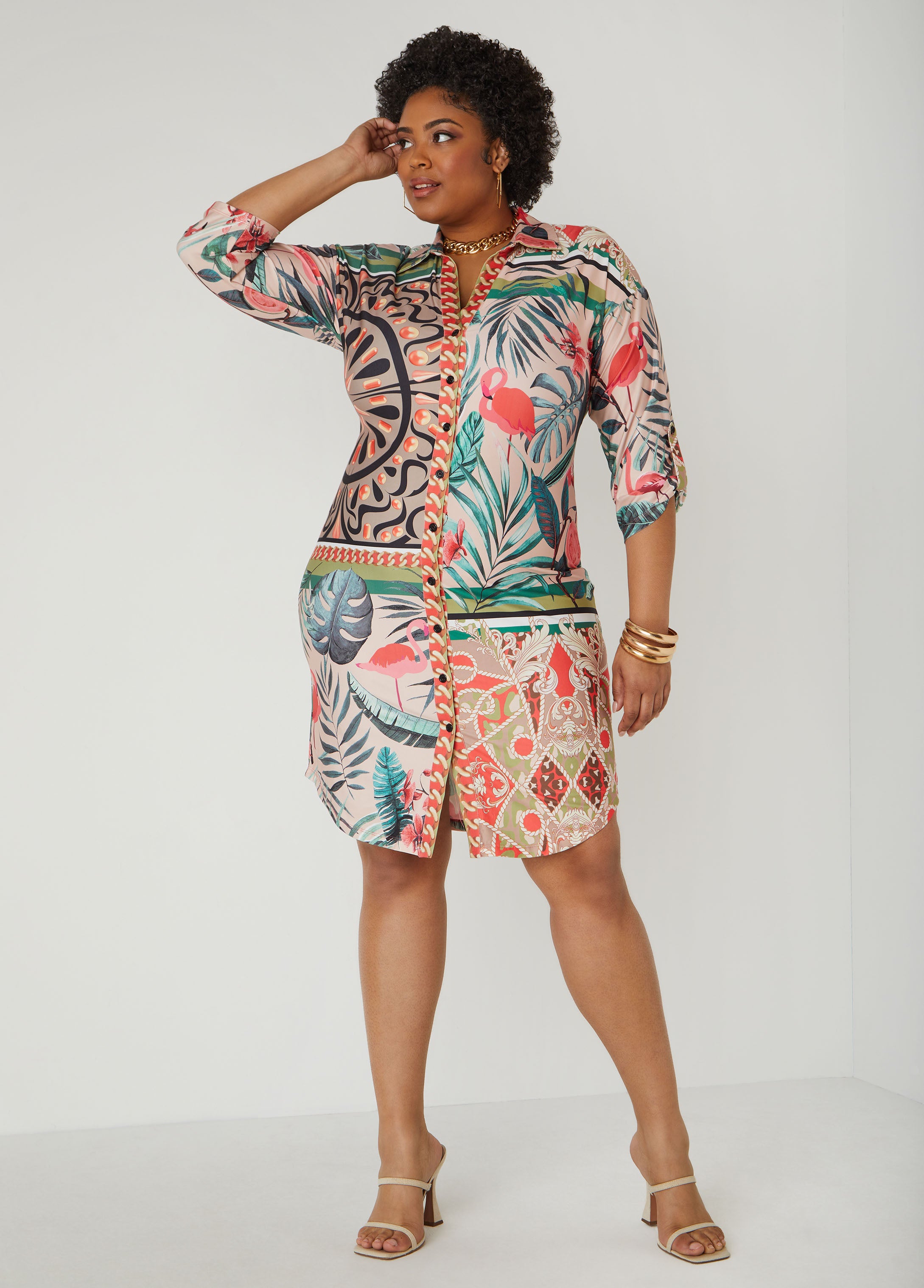 Plus Size Tropical Print Shirtdress