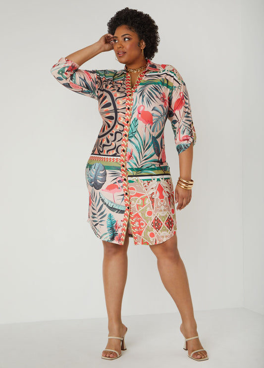 Plus Size Tropical Print Shirtdress