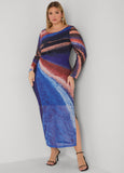 Plus Size Printed Mesh Bodycon Maxi Dress