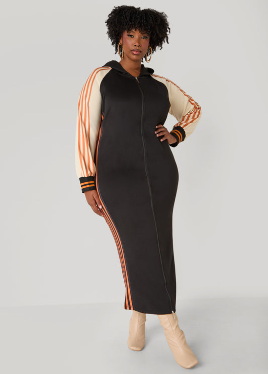 Two Tone Striped Maxi Hoodie Dress