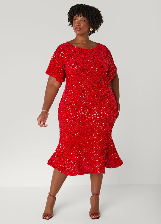 Plus Size Sequin Velvet Flounced Dress