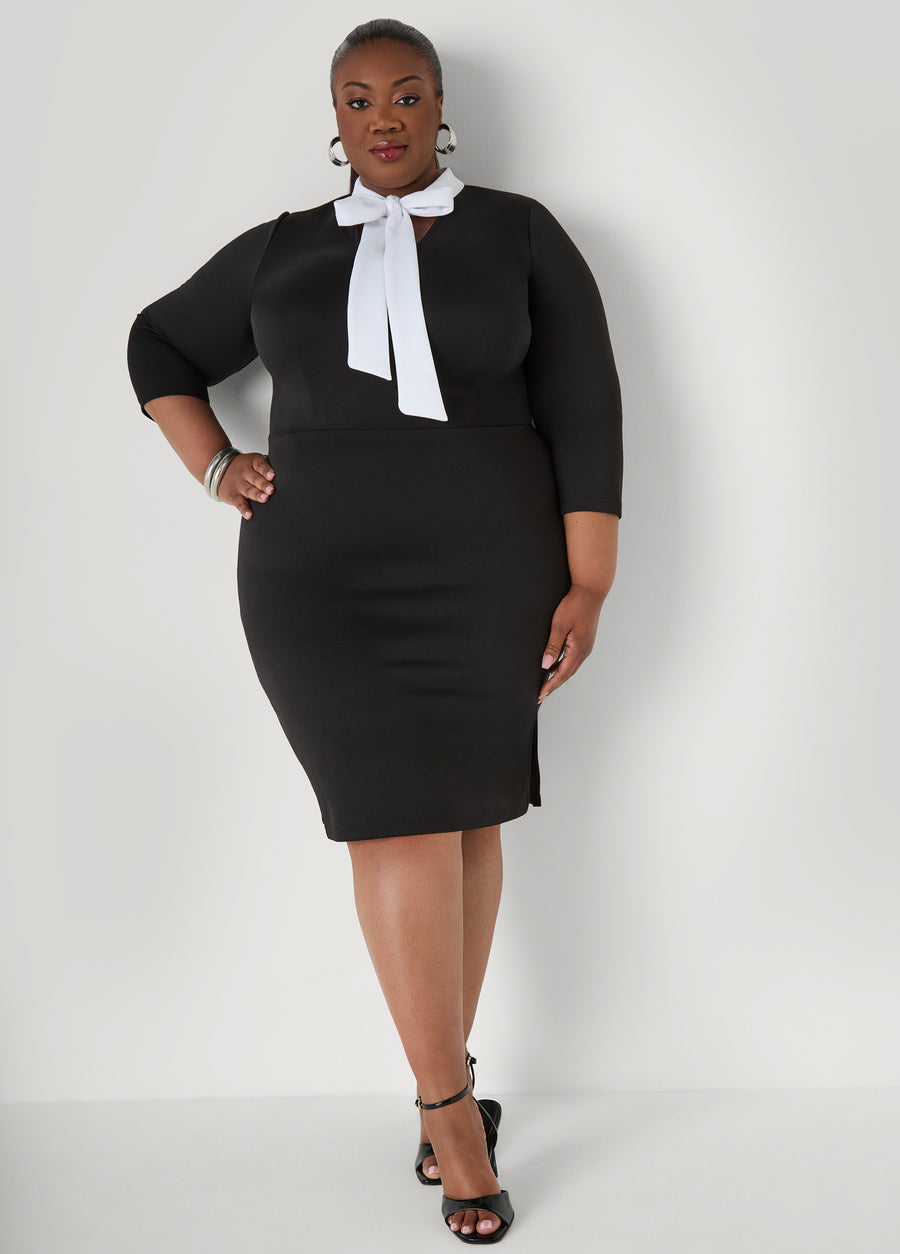 Plus Size Two Tone Tie Neck Dress