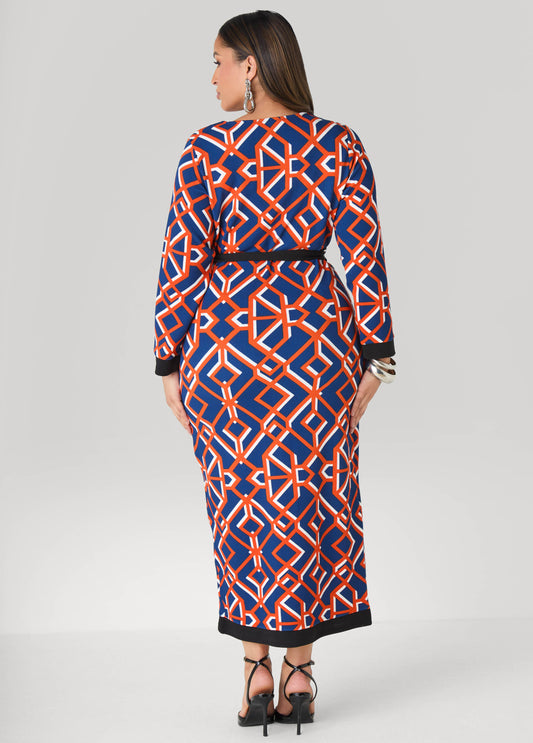 Belted V Neck Geo Print Maxi Dress