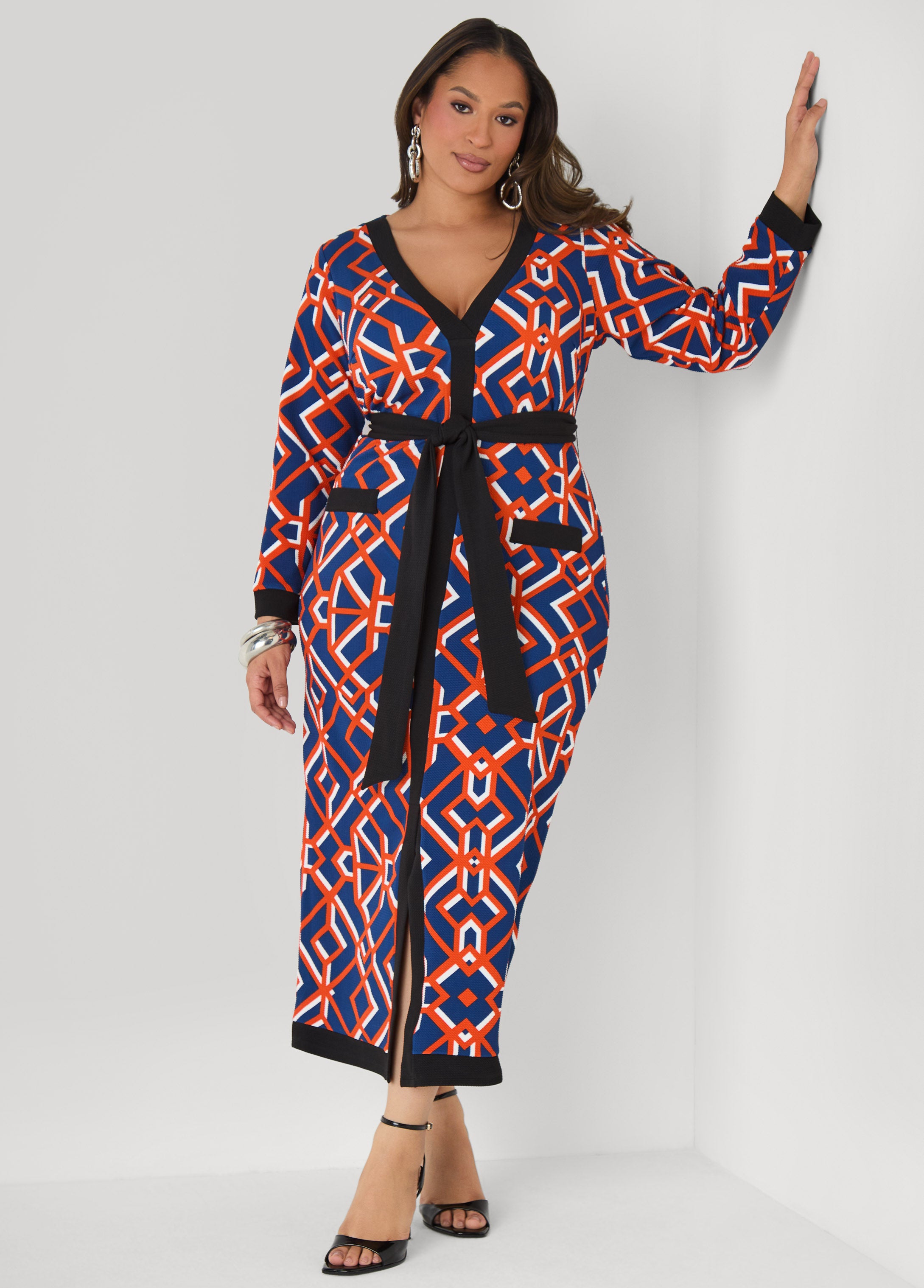 Belted V Neck Geo Print Maxi Dress