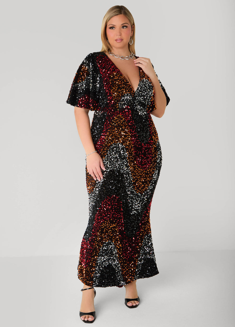 Plus Size Flounced Sequined Velvet Gown