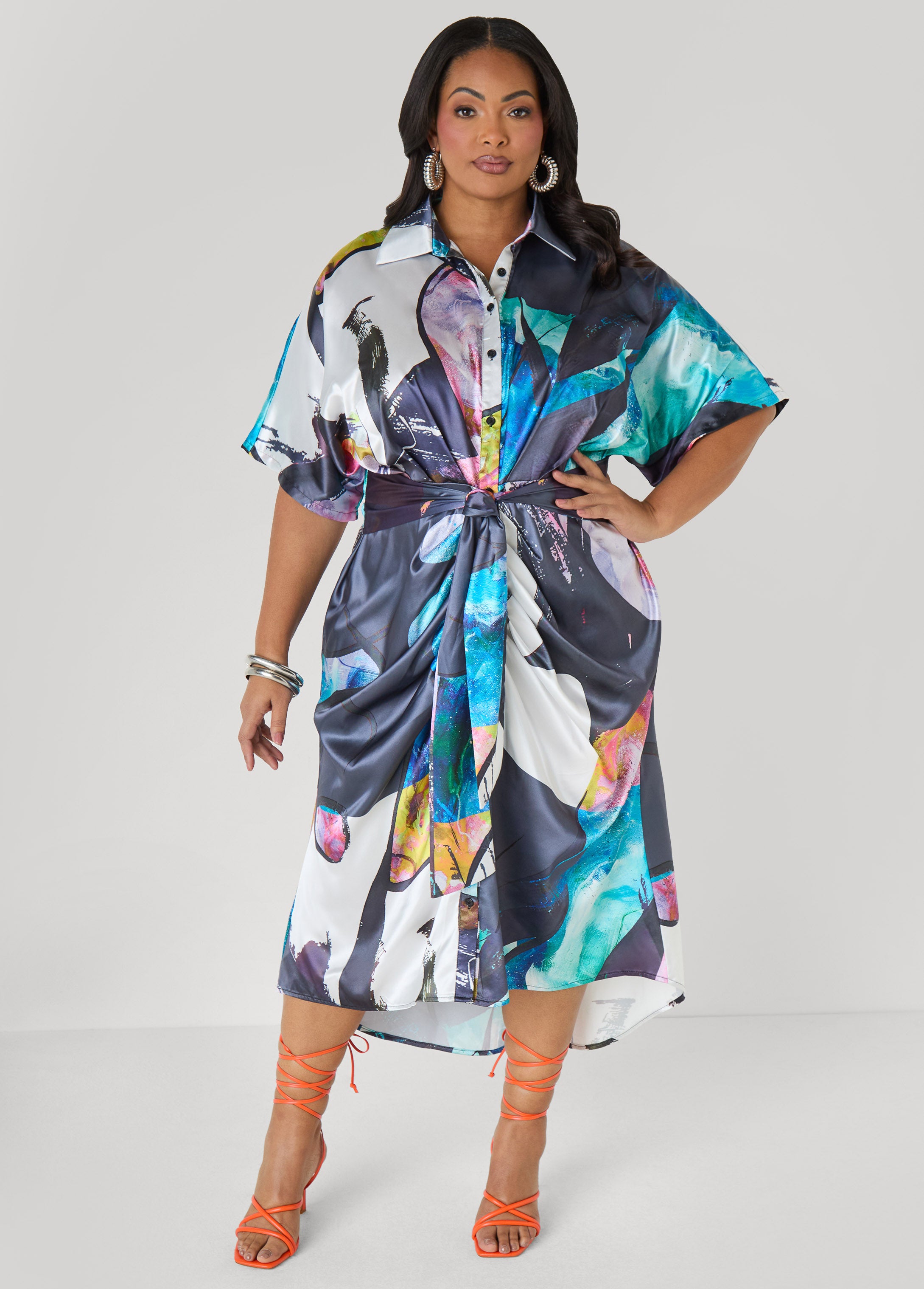 Gathered Abstract Print Shirtdress