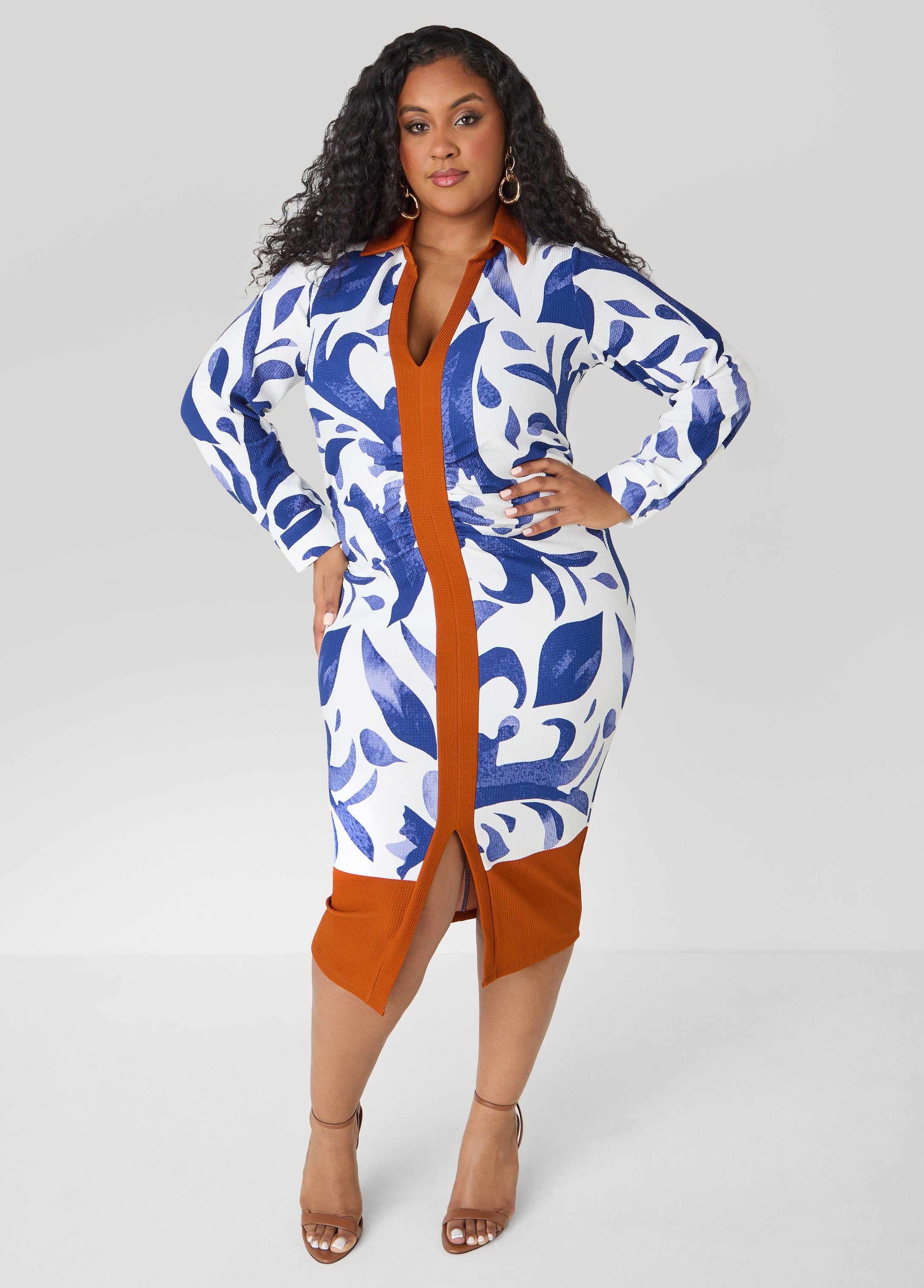 Tall Ruched Leaf Print Bodycon Dress - Sodalite / 14/16 Tall Ruched Leaf Print Bodycon Dress - Sodalite / 14/16