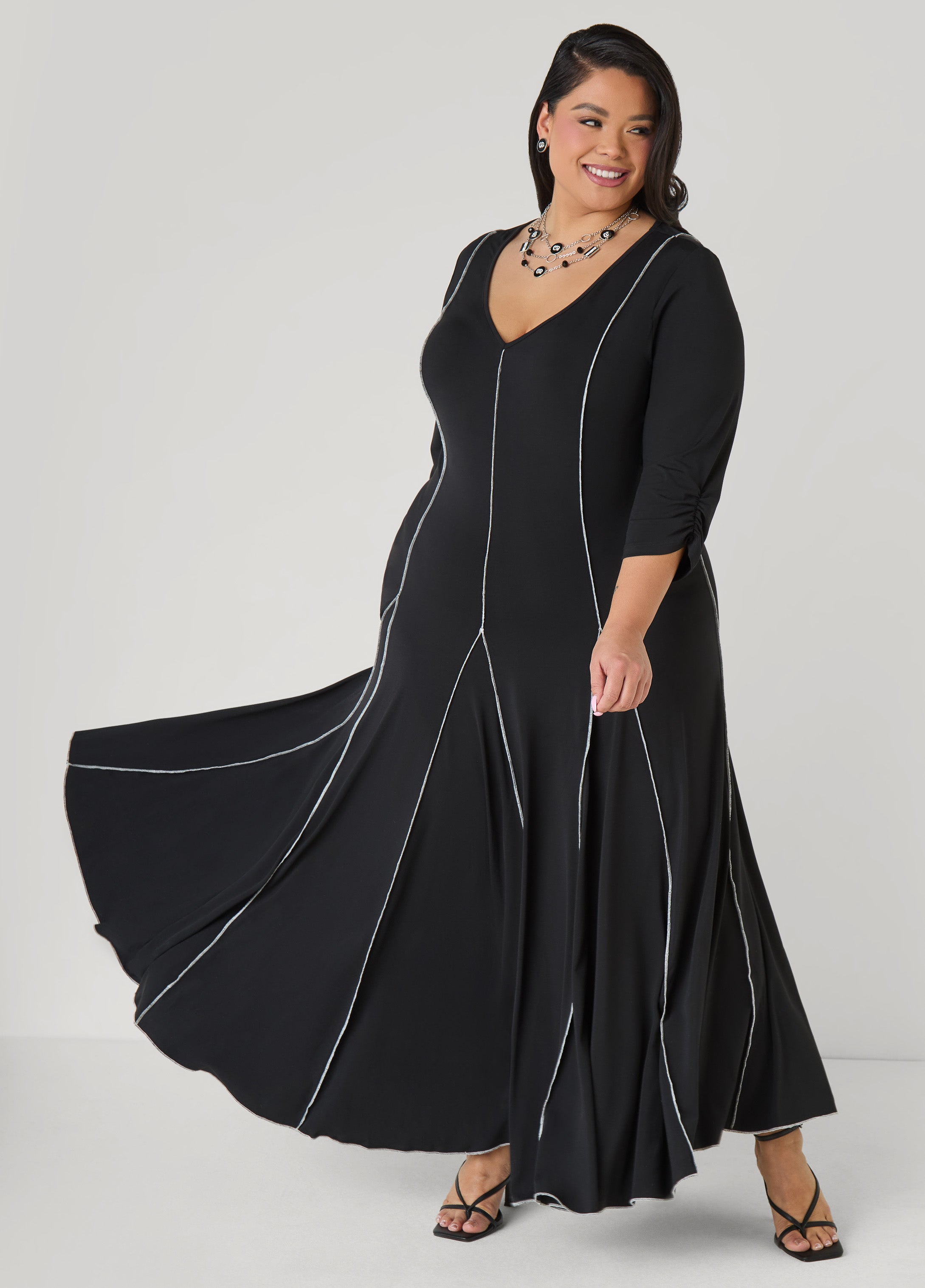Ruched Sleeve Seamed Maxi Dress