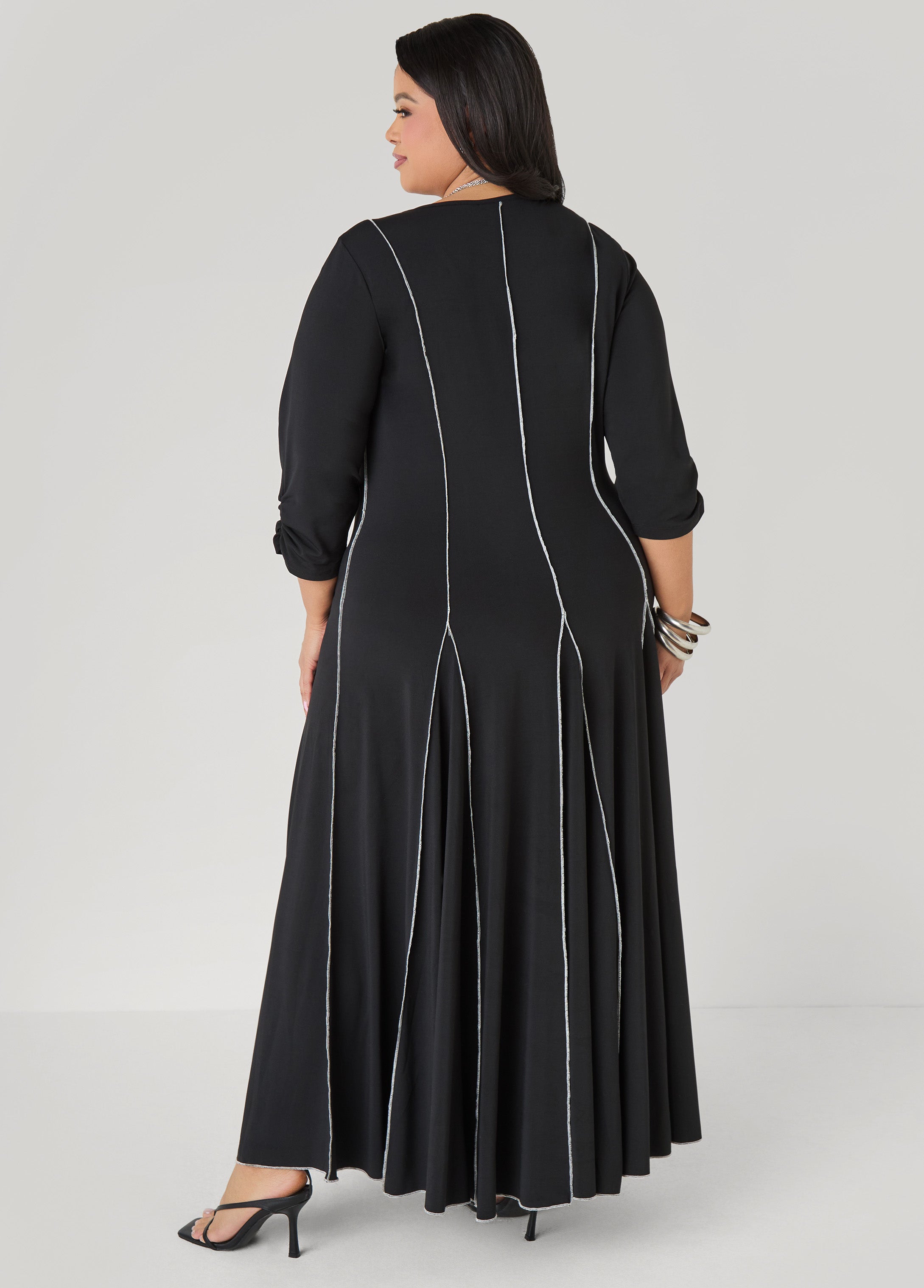 Ruched Sleeve Seamed Maxi Dress