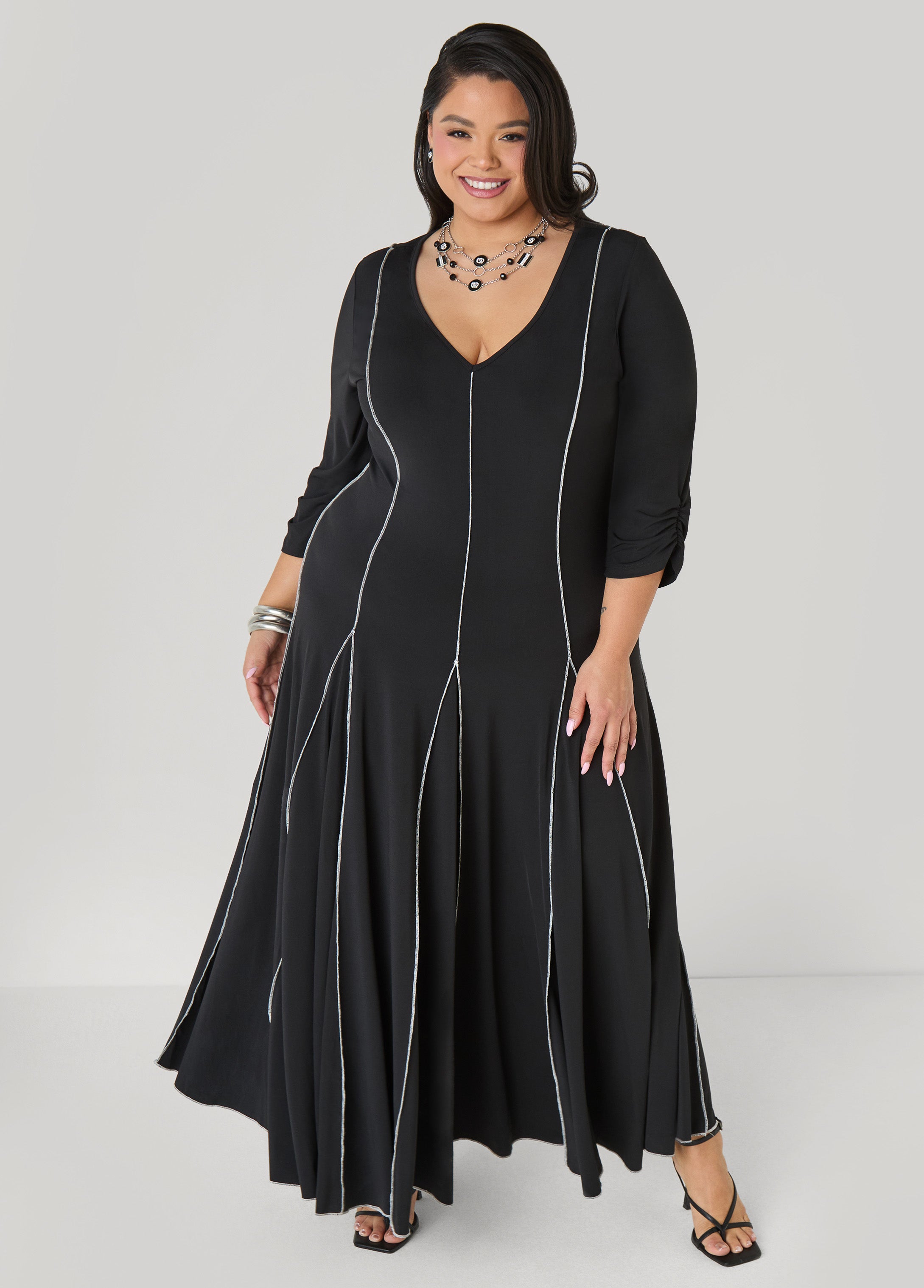 Ruched Sleeve Seamed Maxi Dress