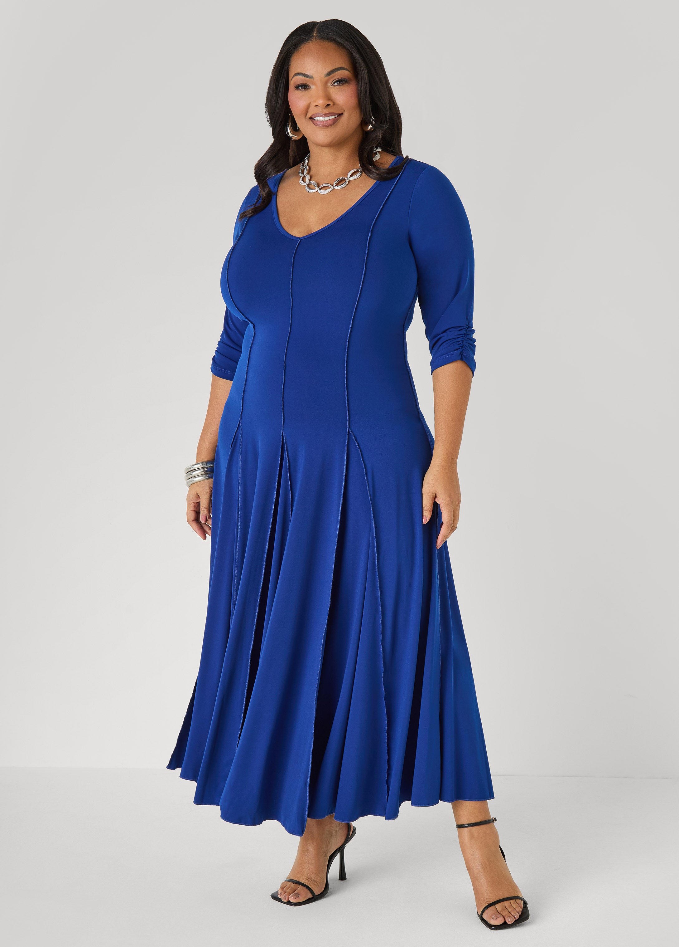 Plus Size seamed maxi dress plus size gathered casual V neck dress	