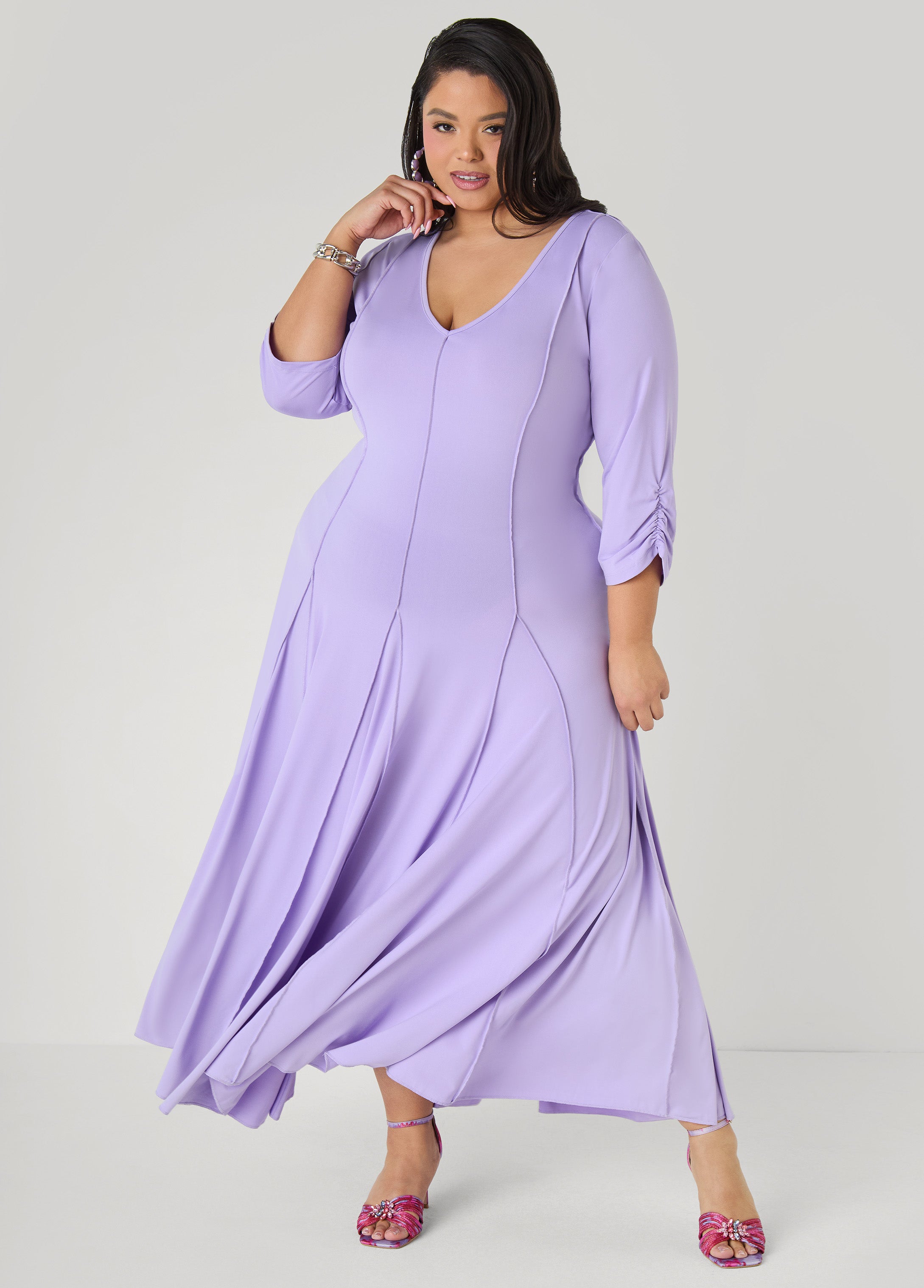 Plus Size seamed maxi dress plus size gathered casual V neck dress	
