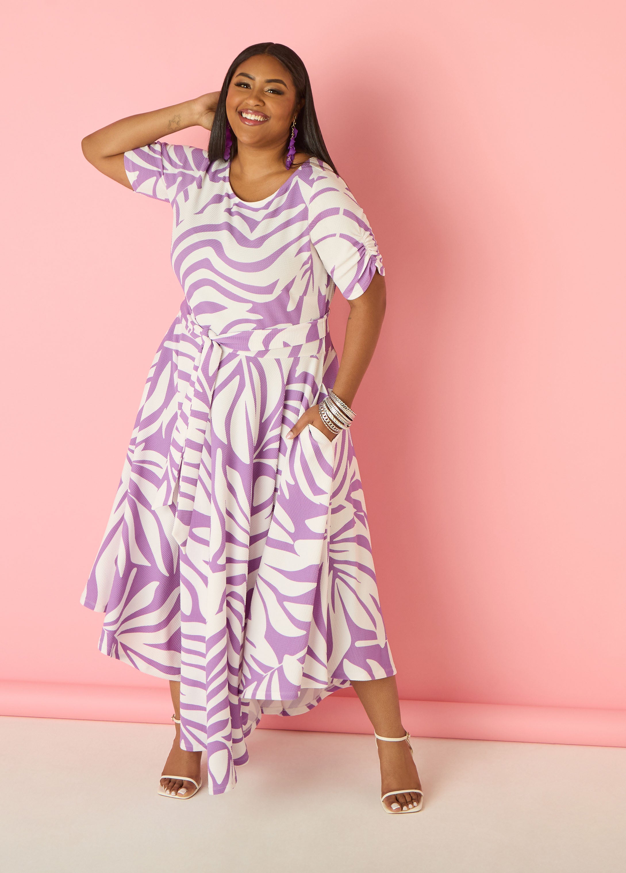 Ruched Leaf Print A Line Dress Ashley Stewart Ruched Leaf Print A Line Dress Ashley Stewart