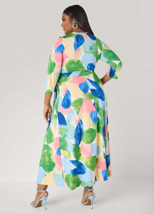 Watercolor Faux Wrap Maxi Dress