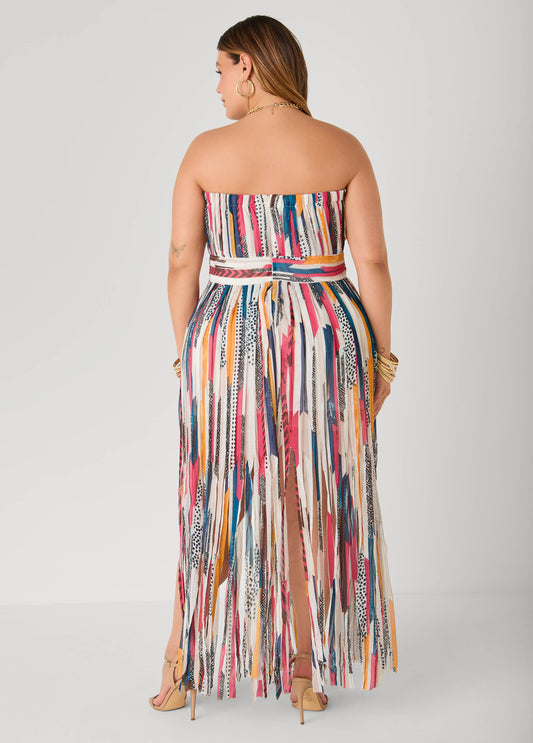 Printed Fringed Strapless Dress