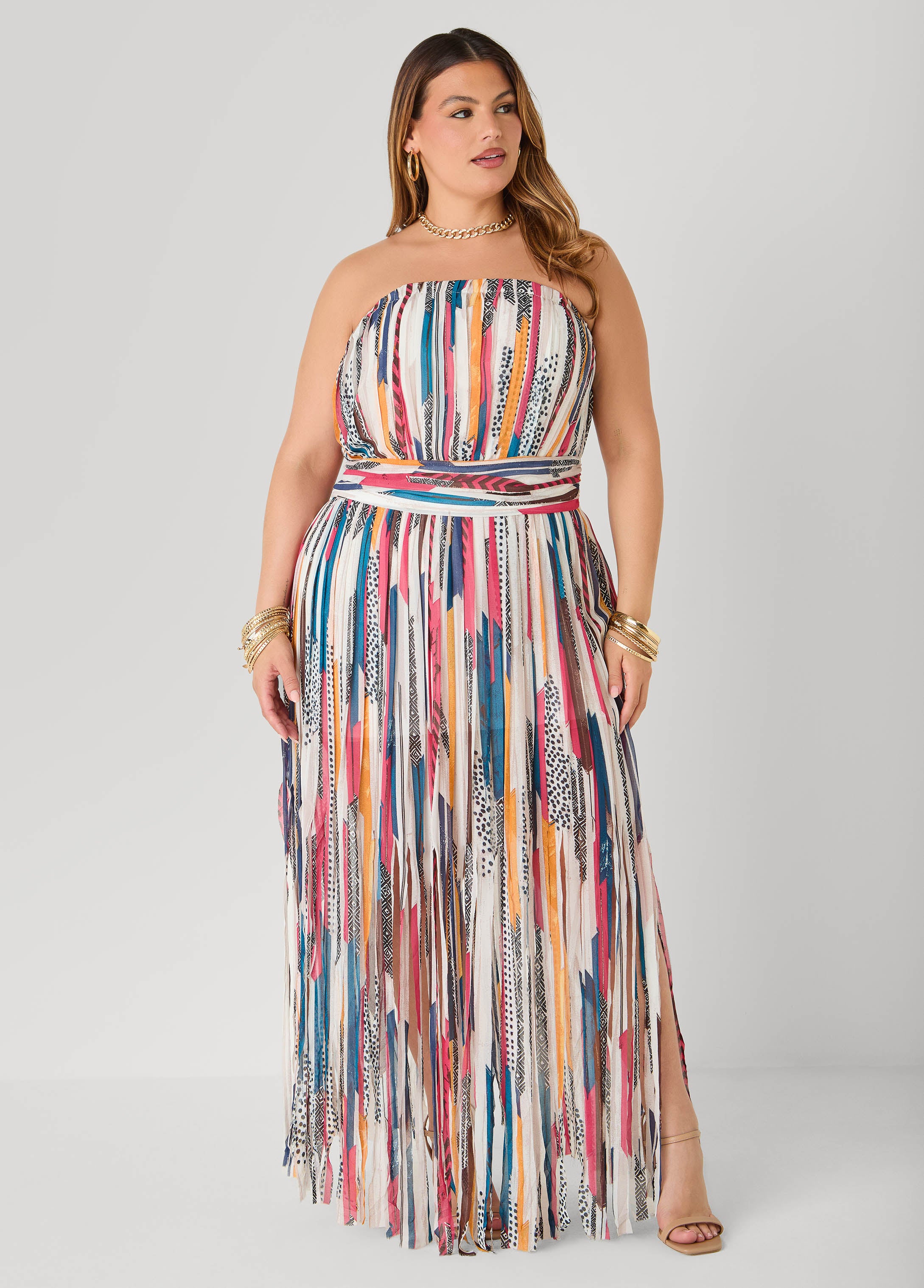 Printed Fringed Strapless Dress