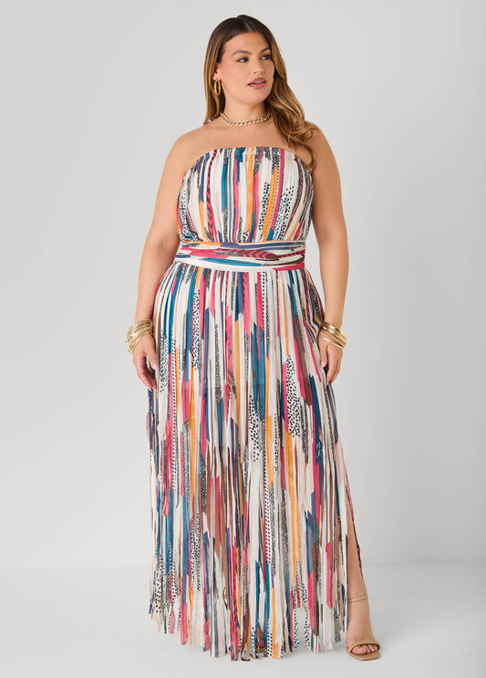 Printed Fringed Strapless Dress