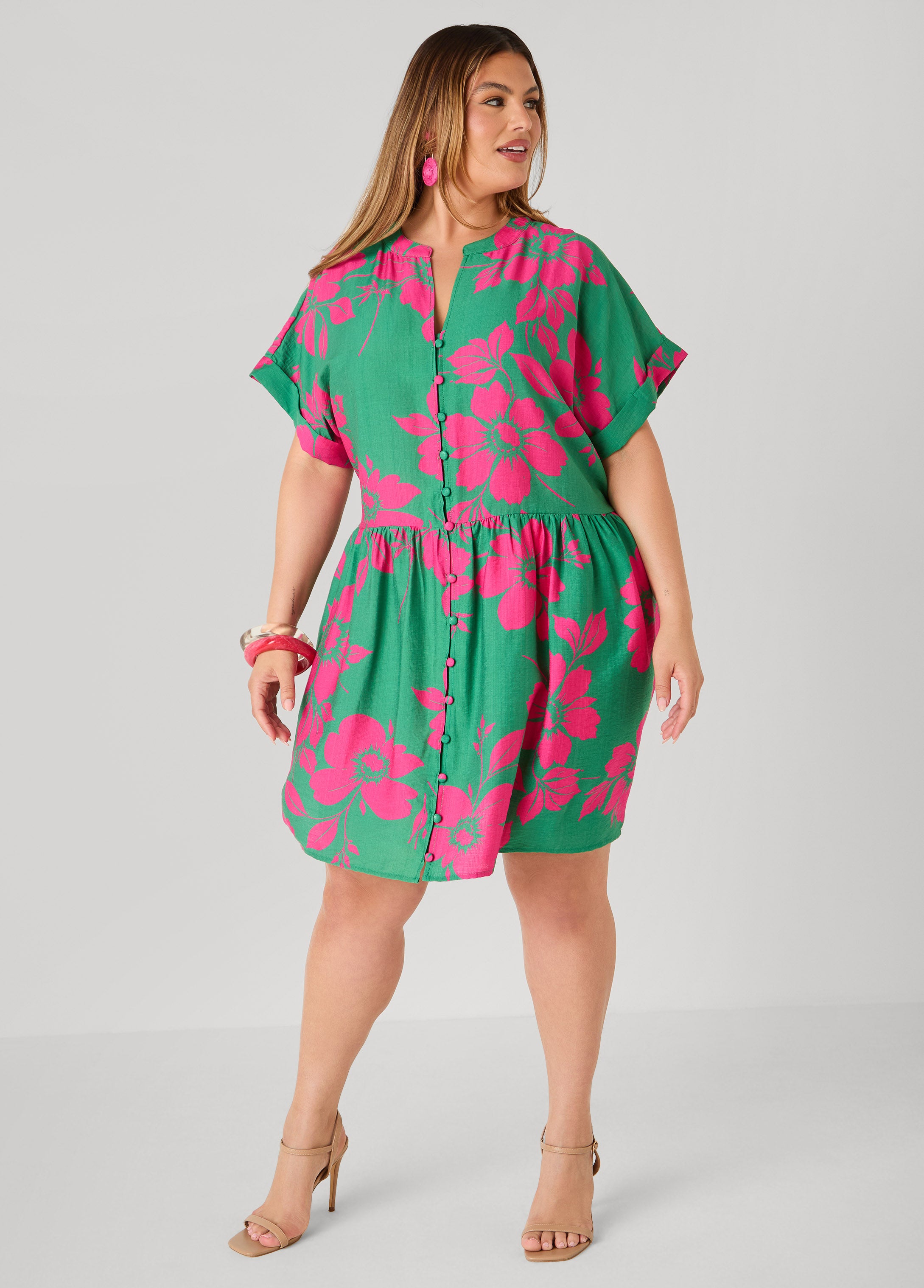 Cuffed Floral Babydoll Dress