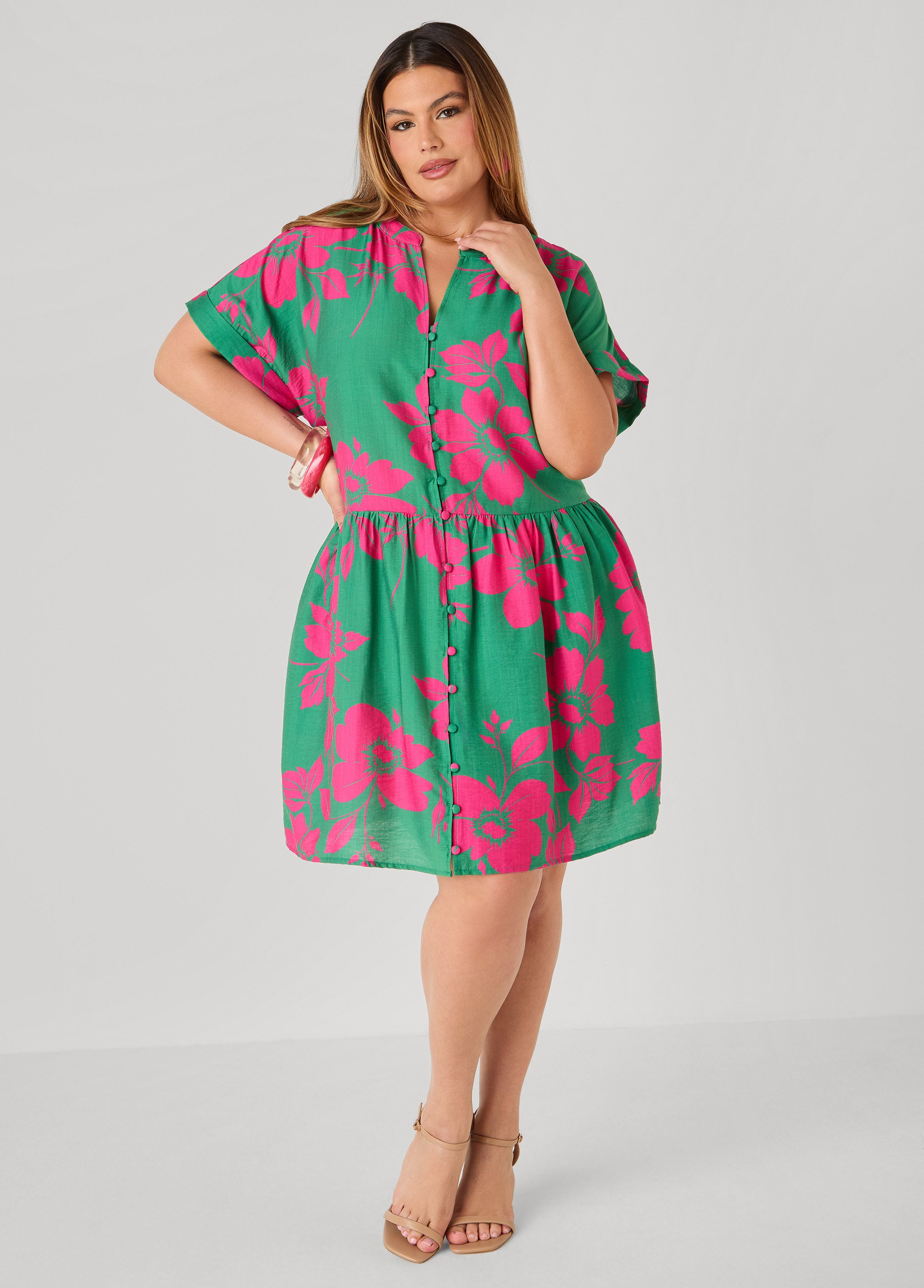 Cuffed Floral Babydoll Dress