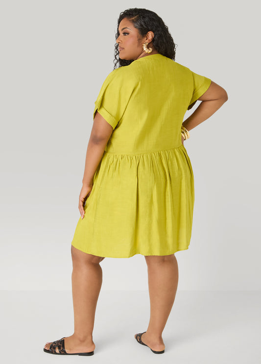 Cuffed V Neck Babydoll Dress