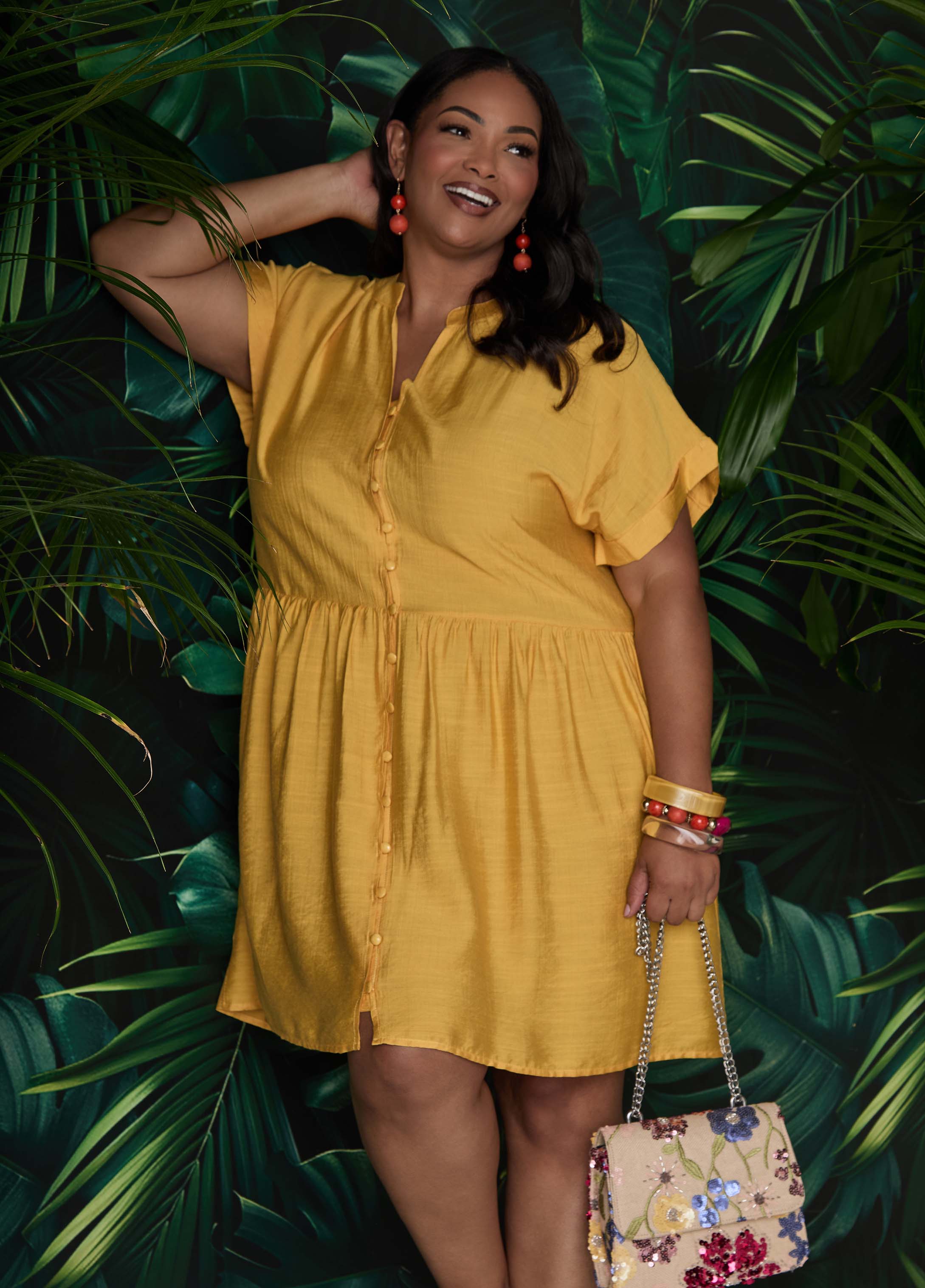 Cuffed V Neck Babydoll Dress